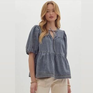 100% Cotton Entro Tie Front Blouse V-Neck Bubble Sleeve Tiered Babydoll Denim